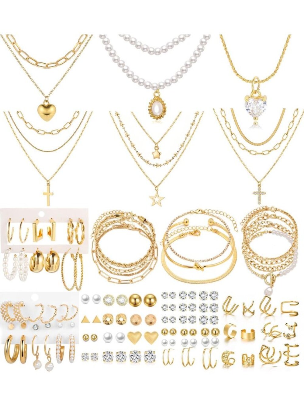 120PCS Gold Jewelry Set for Women - Necklaces, Bracelets, Hoop & Stud Earrings